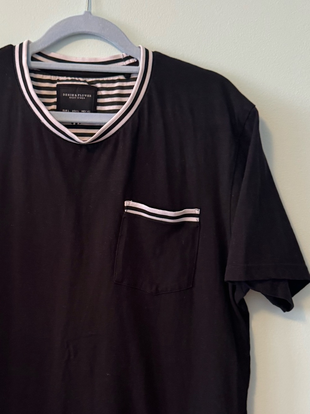 Denim & Flower Black Short-Sleeve Tee with Striped Trim